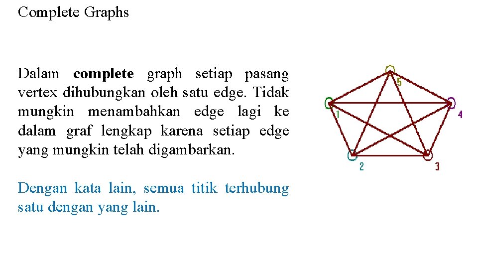 Complete Graphs Dalam complete graph setiap pasang vertex dihubungkan oleh satu edge. Tidak mungkin