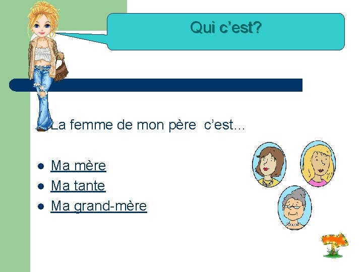 Qui c’est? l La femme de mon père c’est… l Ma mère Ma tante