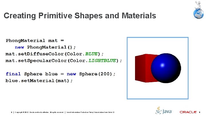 Creating Primitive Shapes and Materials 9 Copyright © 2012, Oracle and/or its affiliates. All
