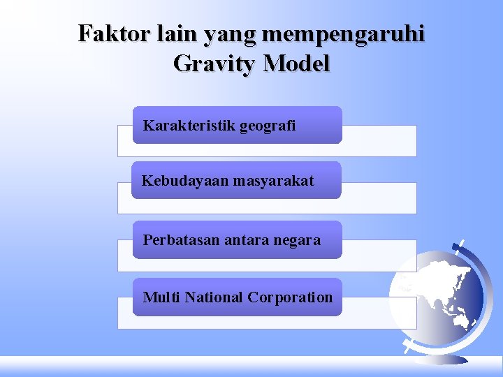 Faktor lain yang mempengaruhi Gravity Model Karakteristik geografi Kebudayaan masyarakat Perbatasan antara negara Multi