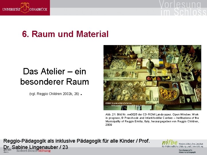6. Raum und Material Das Atelier – ein besonderer Raum. (vgl. Reggio Children 2002