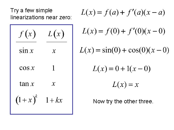 Try a few simple linearizations near zero: Now try the other three. 