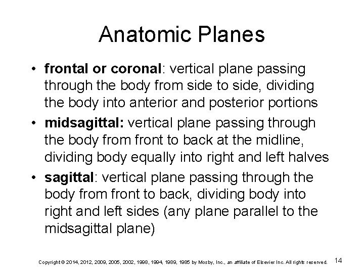 Anatomic Planes • frontal or coronal: vertical plane passing through the body from side