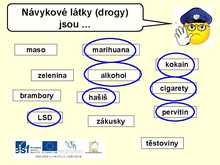 Návykové látky (drogy) jsou … maso marihuana kokain zelenina brambory LSD alkohol cigarety hašiš