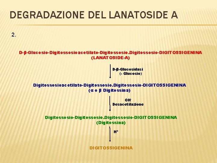 DEGRADAZIONE DEL LANATOSIDE A 2. D-β-Glucosio-Digitossosioacetilato-Digitossosio-DIGITOSSIGENINA (LANATOSIDE-A) D-β-Glucosidasi (- Glucosio) Digitossosioacetilato-Digitossosio-DIGITOSSIGENINA (α o β