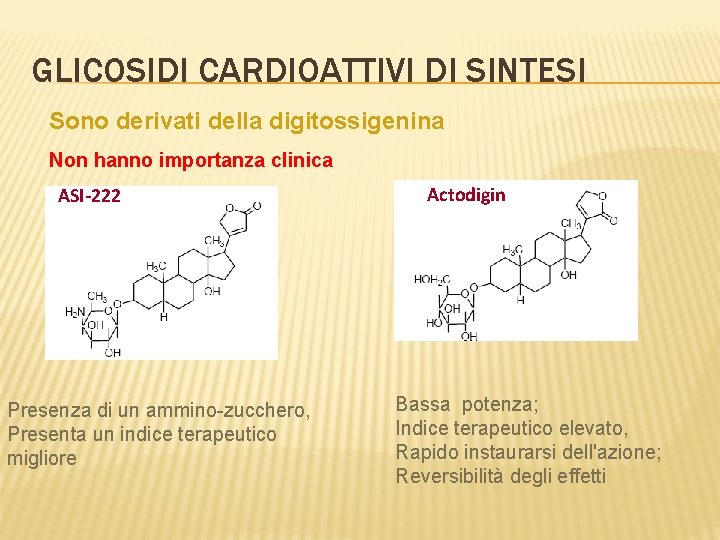 GLICOSIDI CARDIOATTIVI DI SINTESI Sono derivati della digitossigenina Non hanno importanza clinica ASI-222 Presenza