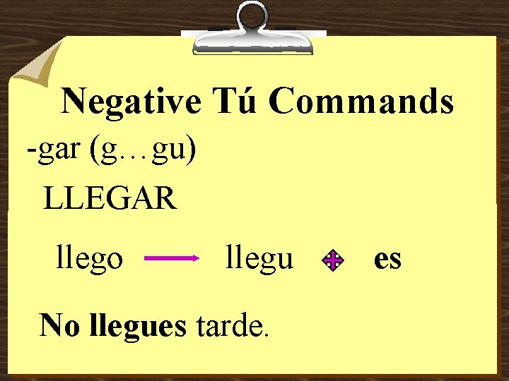 Negative Tú Commands -gar (g…gu) LLEGAR llego llegu No llegues tarde. es 