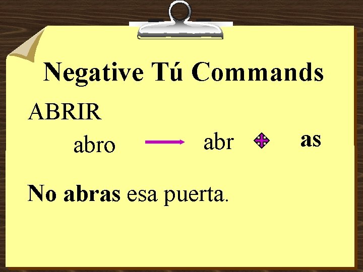 Negative Tú Commands ABRIR abro abr No abras esa puerta. as 