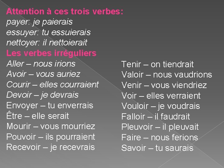 Attention à ces trois verbes: payer: je paierais essuyer: tu essuierais nettoyer: il nettoierait