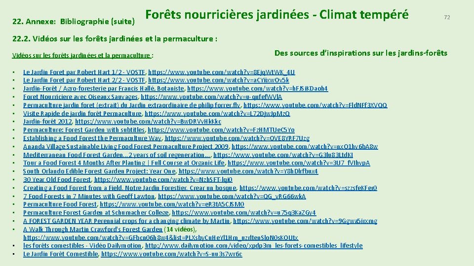 22. Annexe: Bibliographie (suite) Forêts nourricières jardinées - Climat tempéré 72 22. 2. Vidéos