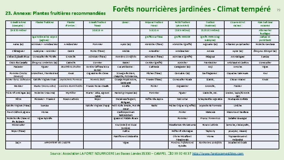 23. Annexe: Plantes fruitières recommandées Forêts nourricières jardinées - Climat tempéré Grands arbres (canopée)