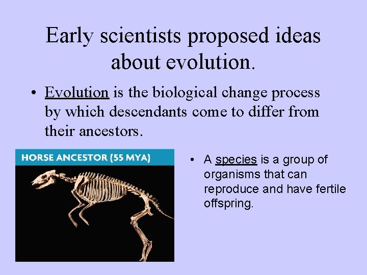 Early scientists proposed ideas about evolution. • Evolution is the biological change process by