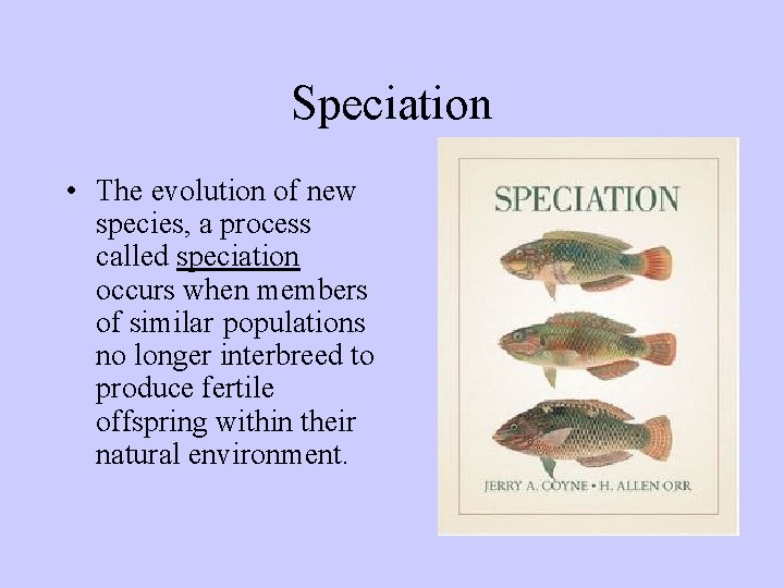 Speciation • The evolution of new species, a process called speciation occurs when members