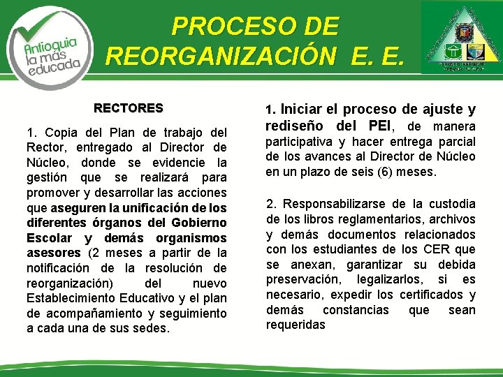 PROCESO DE REORGANIZACIÓN E. E. RECTORES 1. Copia del Plan de trabajo del Rector,