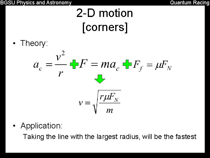 BGSU Physics and Astronomy Quantum Racing 2 -D motion [corners] • Theory: • Application: