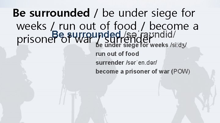 Be surrounded / be under siege for weeks / run out of food /