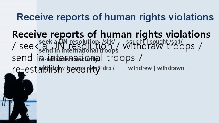 Receive reports of human rights violations seek a UN resolution /siːk/ sought | sought