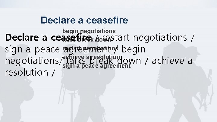 Declare a ceasefire begin negotiations talks break down restart negotiations achieve a resolution sign