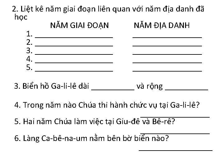  2. Liệt kê năm giai đoạn liên quan với năm địa danh đã