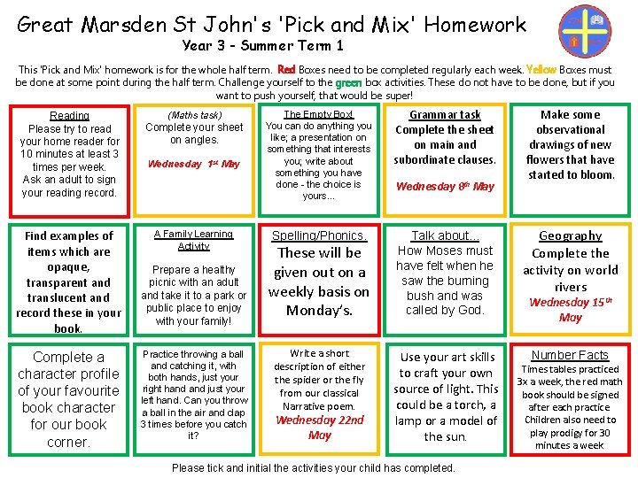 Great Marsden St John's 'Pick and Mix' Homework Year 3 - Summer Term 1