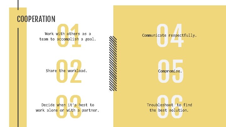 COOPERATION 01 02 03 04 05 06 Work with others as a team to COOPERATION 01 02 03 04 05 06 Work with others as a team to