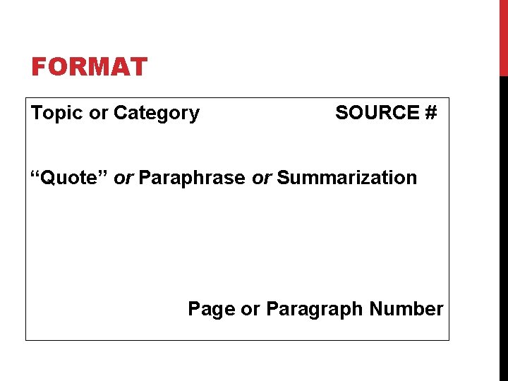 FORMAT Topic or Category SOURCE # “Quote” or Paraphrase or Summarization Page or Paragraph