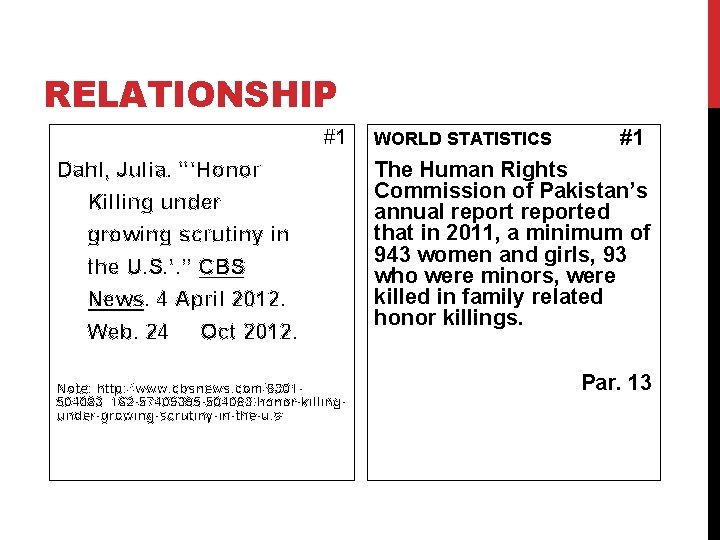 RELATIONSHIP #1 Dahl, Julia. “‘Honor Killing under growing scrutiny in the U. S. ’.