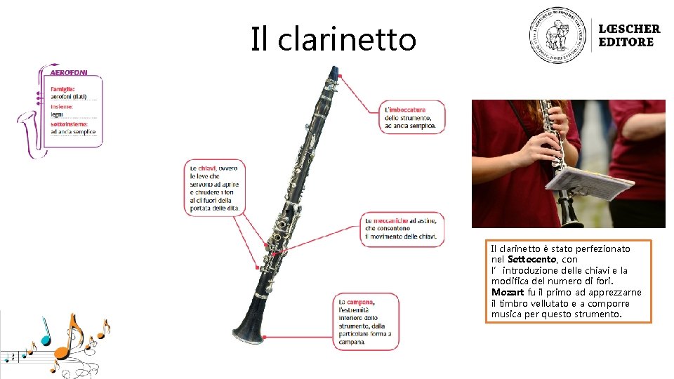 Il clarinetto è stato perfezionato nel Settecento, con l’introduzione delle chiavi e la modifica