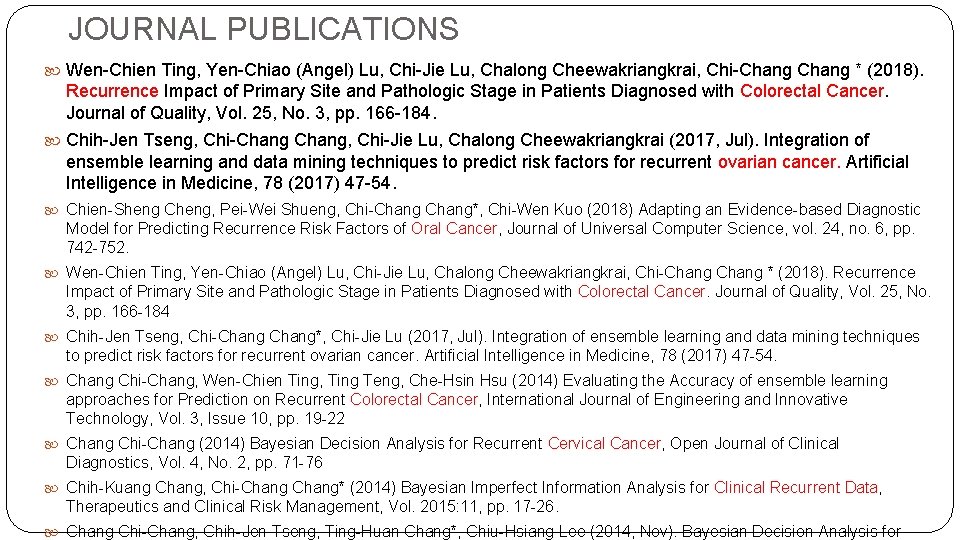 JOURNAL PUBLICATIONS Wen-Chien Ting, Yen-Chiao (Angel) Lu, Chi-Jie Lu, Chalong Cheewakriangkrai, Chi-Chang * (2018).