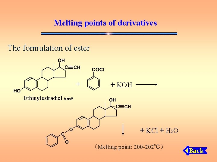 Melting points of derivatives The formulation of ester + + KOH Ethinylestradiol 炔雌醇 +