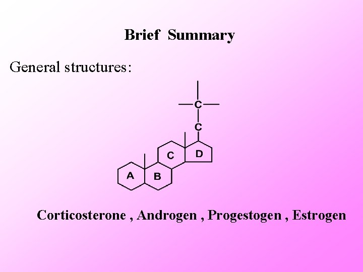 Brief Summary General structures: Corticosterone , Androgen , Progestogen , Estrogen 