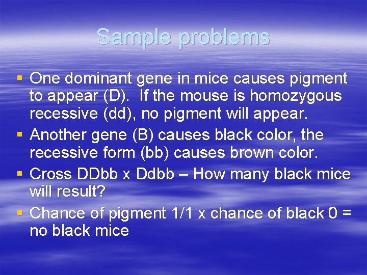 Sample problems § One dominant gene in mice causes pigment to appear (D). If