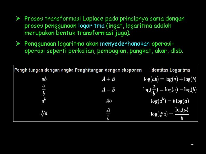 Ø Proses transformasi Laplace pada prinsipnya sama dengan proses penggunaan logaritma (ingat, logaritma adalah