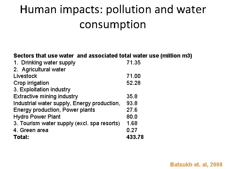 Human impacts: pollution and water consumption Sectors that use water and associated total water