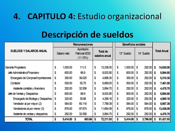 4. CAPITULO 4: Estudio organizacional Descripción de sueldos 