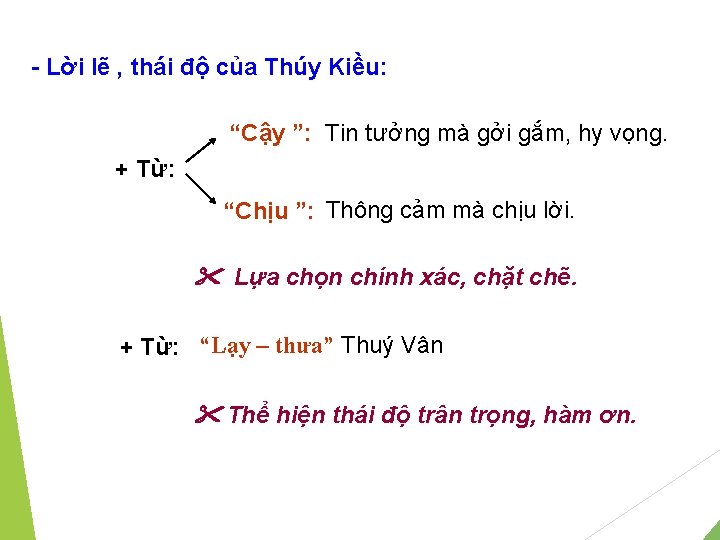 - Lời lẽ , thái độ của Thúy Kiều: “Cậy ”: Tin tưởng mà