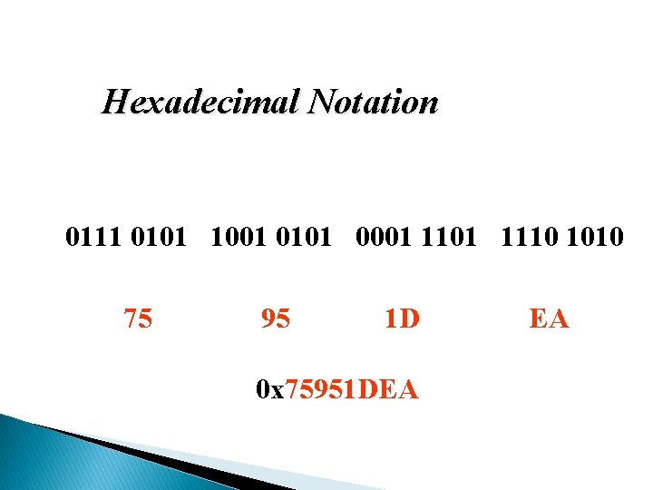 Hexadecimal Notation 0111 0101 1001 0101 0001 1110 1010 75 95 1 D 0