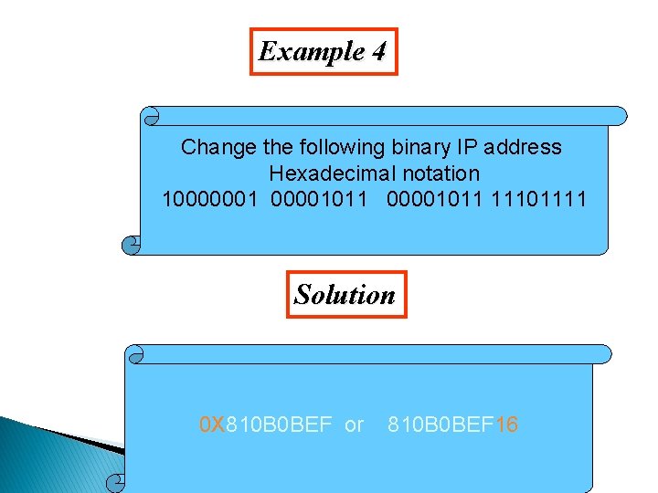 Example 4 Change the following binary IP address Hexadecimal notation 10000001011 11101111 Solution 0