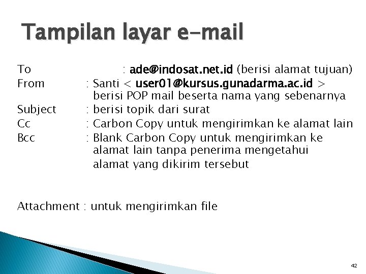 Tampilan layar e-mail To From : Subject Cc Bcc : : : : ade@indosat.