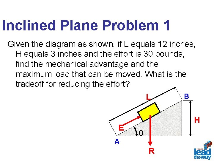 Inclined Plane Problem 1 Given the diagram as shown, if L equals 12 inches,