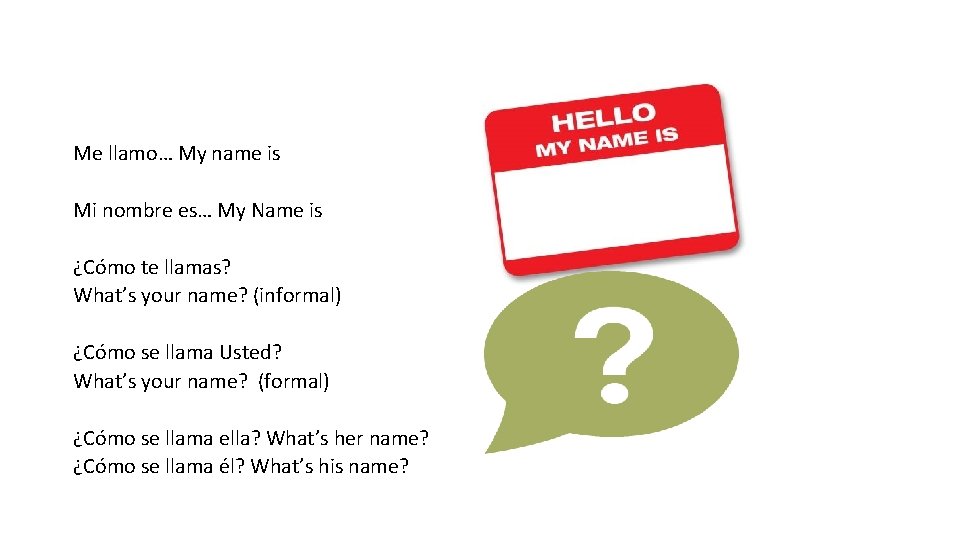 Me llamo… My name is Mi nombre es… My Name is ¿Cómo te llamas?