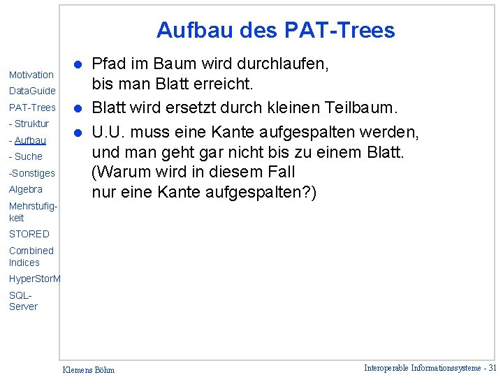 Aufbau des PAT-Trees Motivation Data. Guide PAT-Trees - Struktur - Aufbau - Suche -Sonstiges