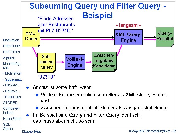 Subsuming Query und Filter Query Beispiel “Finde Adressen Motivation XMLQuery aller Restaurants mit PLZ