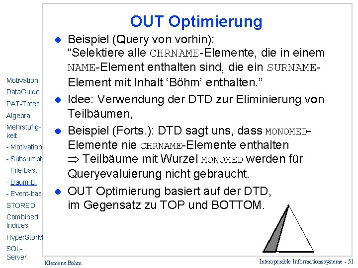 OUT Optimierung Beispiel (Query von vorhin): “Selektiere alle CHRNAME-Elemente, die in einem NAME-Element enthalten