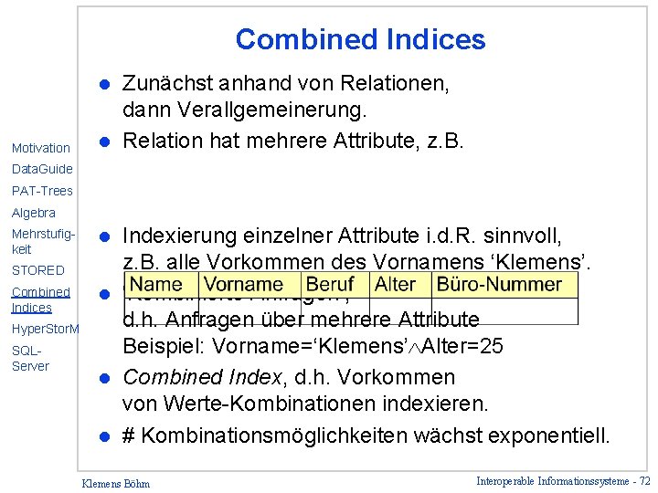 Combined Indices Zunächst anhand von Relationen, dann Verallgemeinerung. l Relation hat mehrere Attribute, z.