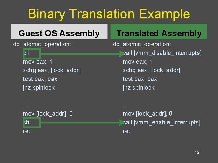 Binary Translation Example Guest OS Assembly do_atomic_operation: cli mov eax, 1 xchg eax, [lock_addr]