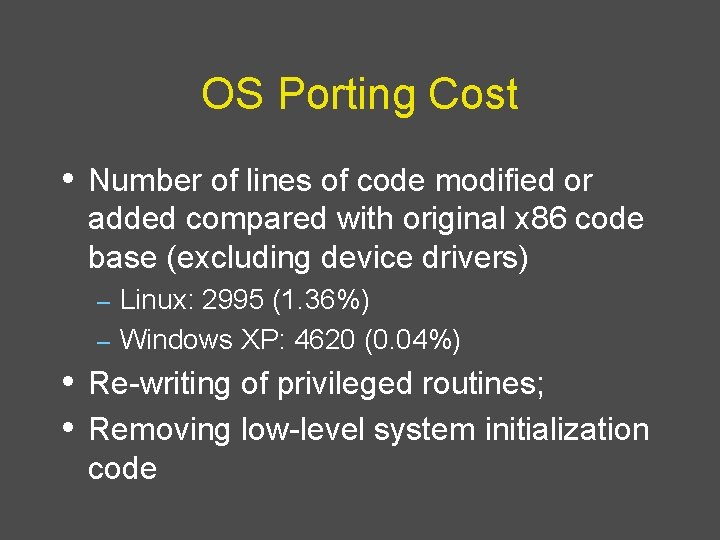 OS Porting Cost • Number of lines of code modified or added compared with