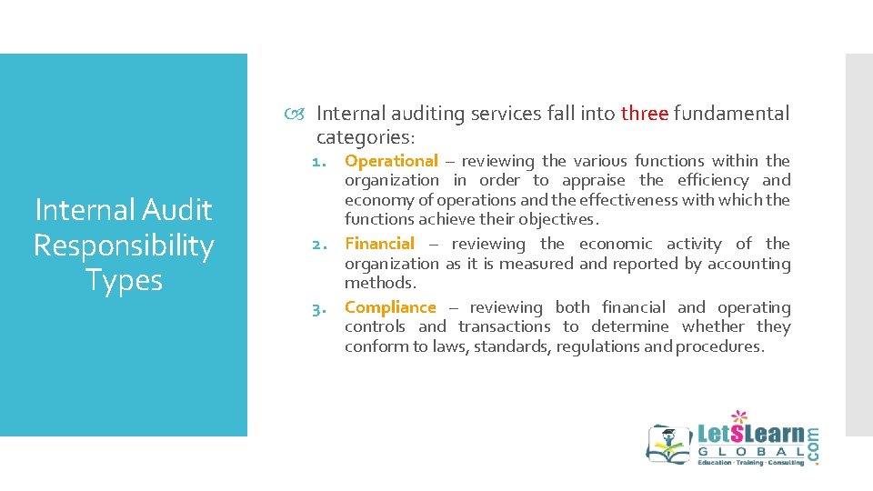  Internal auditing services fall into three fundamental categories: Internal Audit Responsibility Types 1.