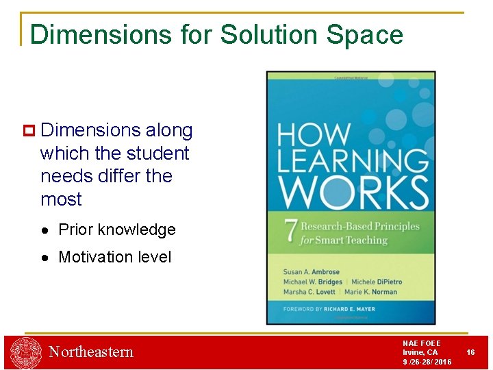 Dimensions for Solution Space p Dimensions along which the student needs differ the most