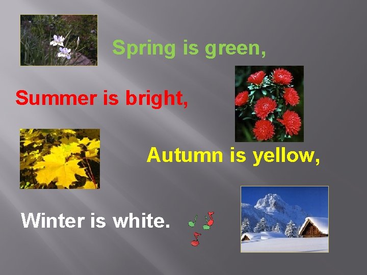 Spring is green, Summer is bright, Autumn is yellow, Winter is white. 